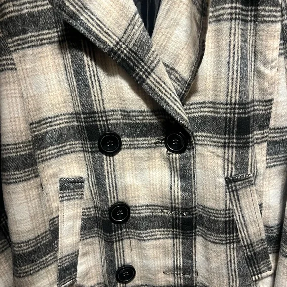 NWOT Me Jane Black and Cream Plaid Pea Coat - Picture 2 of 7
